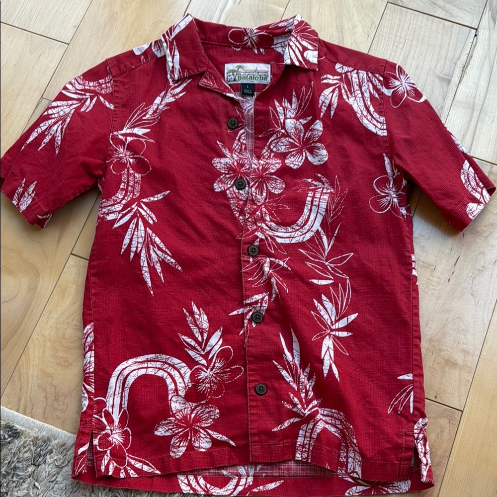 Patagonia Red and White Button Down Shirt with Tropical Pattern